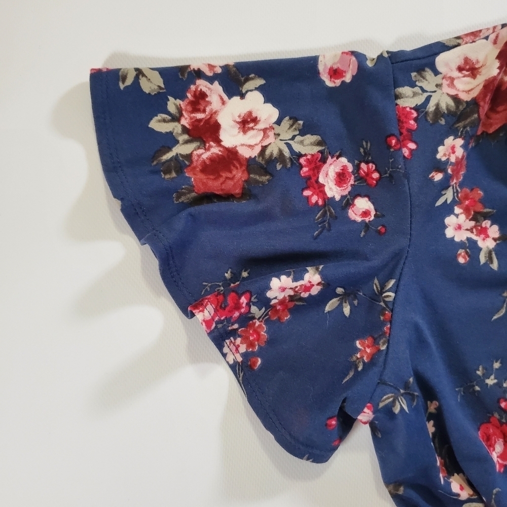 2049 * Iz Byer Floral Faux Wrap Mini Dress Navy Blue Red Size L - Picture 7 of 10